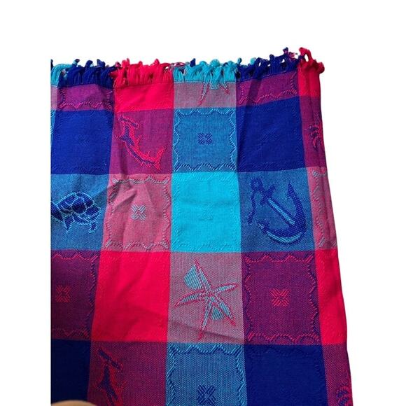 Mexican multicolor squares fringed tablecloth / bedspread Nautical Ocean 58 x 84 - Picture 3 of 5